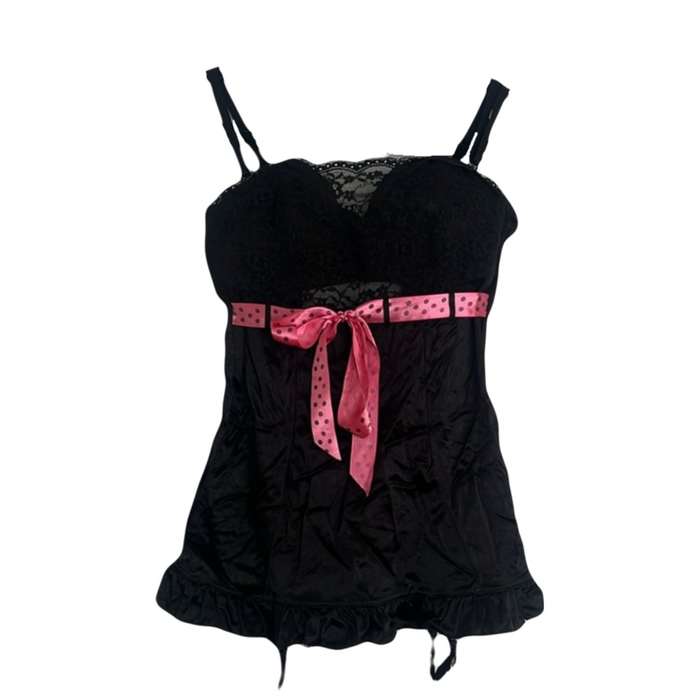 Babydoll Lingerie Mini Dress Garter Straps Pink Bow Polka Dot Y2K Coquette